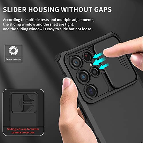Image of ShieldTech Back Cover Case for Samsung Galaxy S22 Ultra 5G | Sliding Camera Shield | Stereoscopic Stand | Shockproof 360 Protection | PC + TPU Hybrid Mobile Phone Case for Samsung S22 Ultra | Black