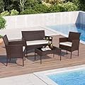 Shintenchi 4 Piece Outdoor Patio Furniture Set, Wicker Rattan Patio Conversation Set, Outdoor Chairs and Loveseat with Coffee Table for Porch, Yard & Poolside (Brown)