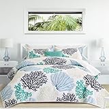 3 Piece Blue Teal Coral Coastal Quilt Sets Full/Queen Size Nautical Beach Bedding Lightweight Reversible Microfiber Coverlet with 2 Shams Ocean Themed Bedspread Comforter Set for All Season, 90''x96''