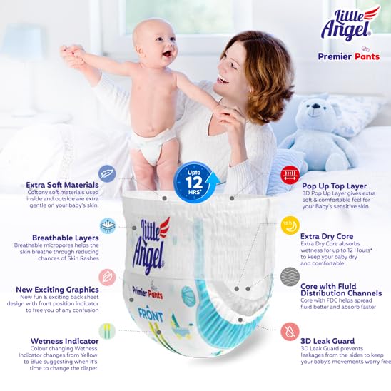 Image of Little Angel Premier Pants Baby Diapers, New Born (NB) Size, 112 Count, Wetness Indicator, up to 5 Kg (28 Count, Pack of 16)
