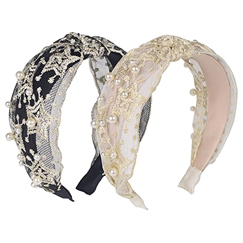 LifeDawn Bandana Headband for Women - 2 Pack Pearl Headband Wide Headbands Knot Turban Hairband Vintage Head wrap with Faux Pearl Elastic Hair Hoops Fashion Hair Accessories for Women and Girls