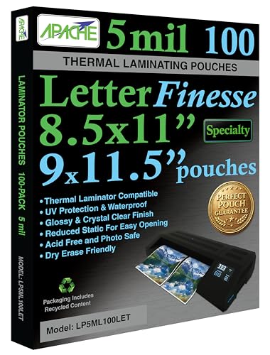 Image of Apache Letter Size Finesse Laminating Pouches, 5 Mil, 100 Pack, Satin Soft Touch Matte-like Finish, Holds 8.5x11 Inch Projects (9x11.5 inch Pouch Size), Thermal Laminator Laminating Sheets, Specialty Line