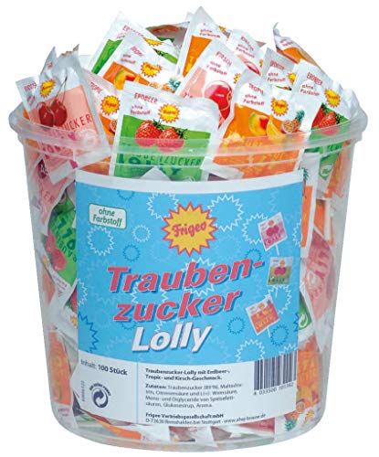 Frigeo Ahoj-Brause Traubenzucker-Lolly in drei Geschmacksrichtungen: Erdbeer Tropic und Kirsch 100 Stück im Eimer (750 g) | 100 Stück (1er Pack)