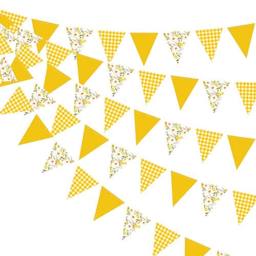 Image of 44Ft Daisy Party Decoration Yellow Buffalo Plaid Floral Daisy Banner Bunting Hanging Paper Triangle Garland for Spring Birthday Wedding Bridal Shower Engagement Bachelorette Baby Shower Party Supplies