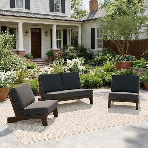 Image of Pia Ricoo 4 Piece Patio Furniture Sets, Outdoor Loveseat Sofa Set with 2 Chairs & Coffee Table, Patio Conversation Set for Backyard, Deck, Lawn, Drak