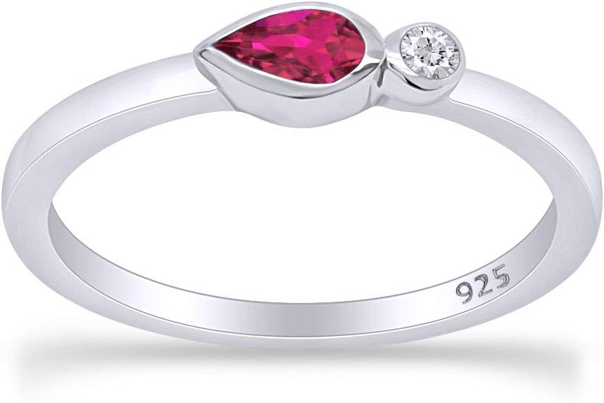 AFFY Simulated Birthstone and Diamond Accent Bezel-Set Stacking Engagement Wedding Band Ring in 14k White Gold Over Sterling Silver