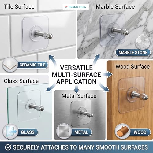 Image of BRAND VILLA Heavy Duty Self Adhesive Wall Hooks | Waterproof Stainless Steel No Drill Sticky Hooks for Bathroom Kitchen Towels Keys & Home Organization (Pack- 30)