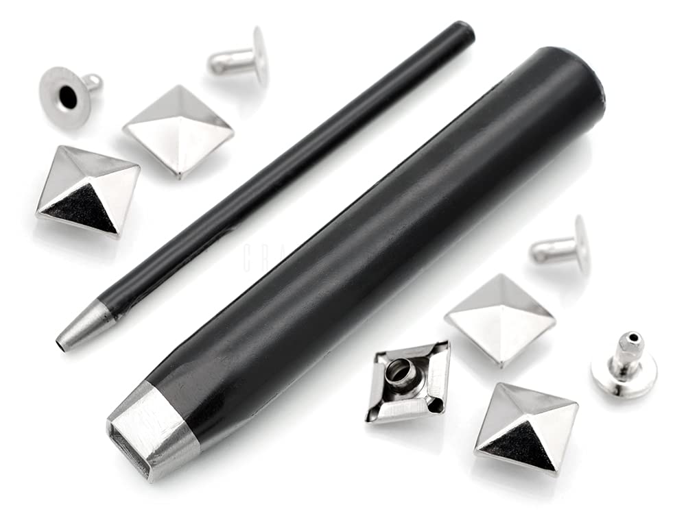 CRAFTMEMORE Pyramidennieten-Set, Spike-Nieten-Einstellwerkzeug, Lochstanzer, 100 Pyramidennieten in Silber (10 mm)