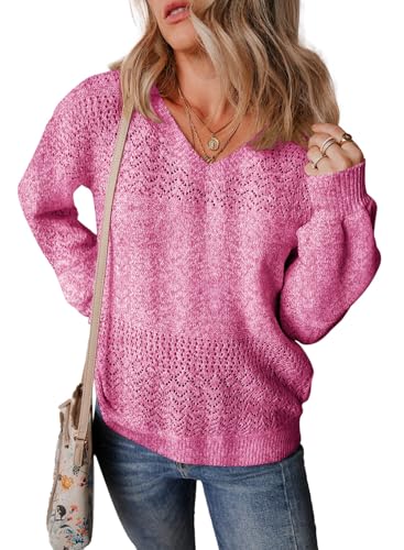 Image of SHEWIN Women's Sweaters Casual Long Sleeve V Neck Crewneck Lightweight Crochet Pullover Sweater Tops