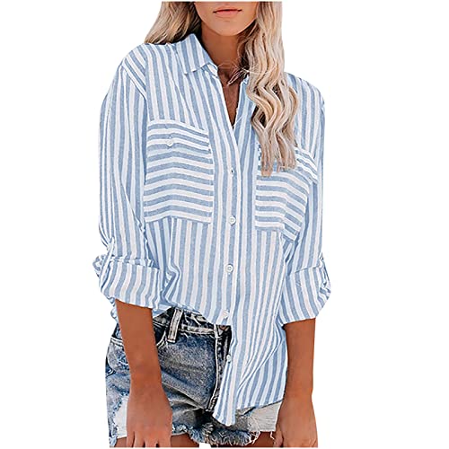 Womens Summer Fall Button Down Shirts 2022 Casual Trendy Long Sleeve Collared Striped Loose Cute Dressy Blouses Cute Tees Sky Blue, X-Large #TOP12