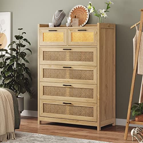 AOGLLATI Dresser for Bedroom with Led Light, Natural Rattan 6 Drawer Dressers, Dressers & Chests of Drawers, Bedroom Closet Wood Tall Dresser for Bedroom, Hallway, Entryway