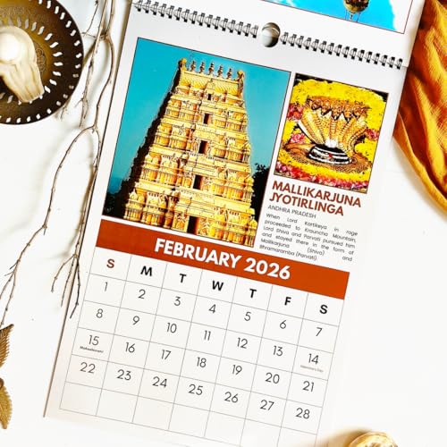Image of 12 inchx9 inch 12 Jyotirlinga Wall Calendar 2026 | HD Temple & Linga Photos | Mythological Stories | Indian Holidays | Wiro-Bound | Gloss Laminated | Lord Shiva Calendar
