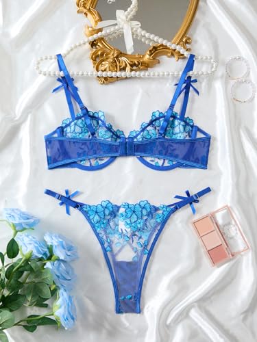 Image of Lilosy Sexy Underwire Cute Push Up Strappy Embroidered Mesh Sheer Lingerie Set See Through Panty Bra