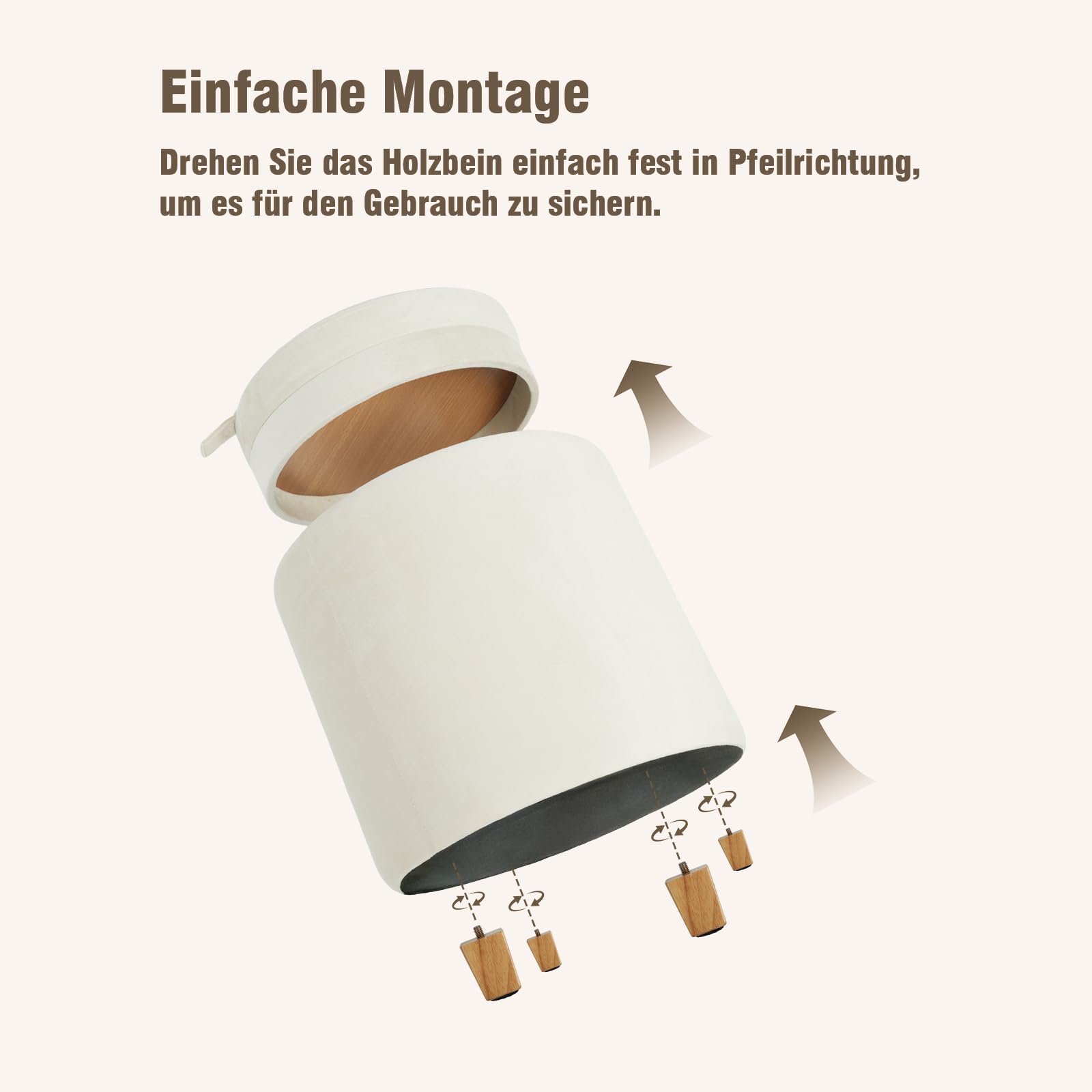 Zedelmaier Zylindrischer Samthocker Sitzhocker mit Stauraum rund, Sitzhocker mit Deckel, Schminkhocker, Fußhocker mit Aufbewahrungsbox, Polsterhocker mit Holzbeinen, Couchtisch, φ36x45cm Beige
