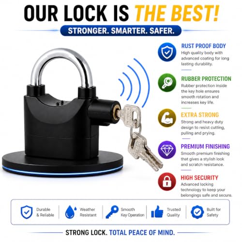 Image of Alarm Security Lock - Motion Sensor, 110dB Siren Alert,Steel Heavy-Duty Anti-Theft Padlock with 3 Keys, Weather-Resistant Heavy Body for Bikes, Gates, Doors, Sheds
