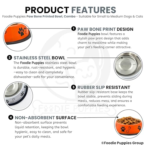 Image of Foodie Puppies Stainless Steel Dog Bowl Combo - (Medium, 700ml) Food and Water Feeding Gift Bowl | Suitable for Dogs, Cats and Other Pets I Paw Bone Print, Anti-Skid Rubber Base (White + Orange)