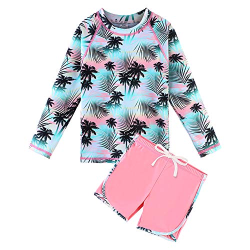 TFJH E Kids Girls Long Sleeve Swimwear Rash Guard Bathing Suits UV 50+ 2-Pieces Green Pink 8A