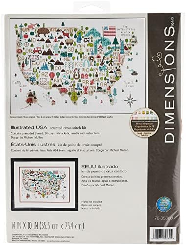 Darice Dimensions 'Illustrated USA' Patriotic 50 States Counted Cross Stitch Kit, 14 Count White Aida Cloth, 14" x 10", Red