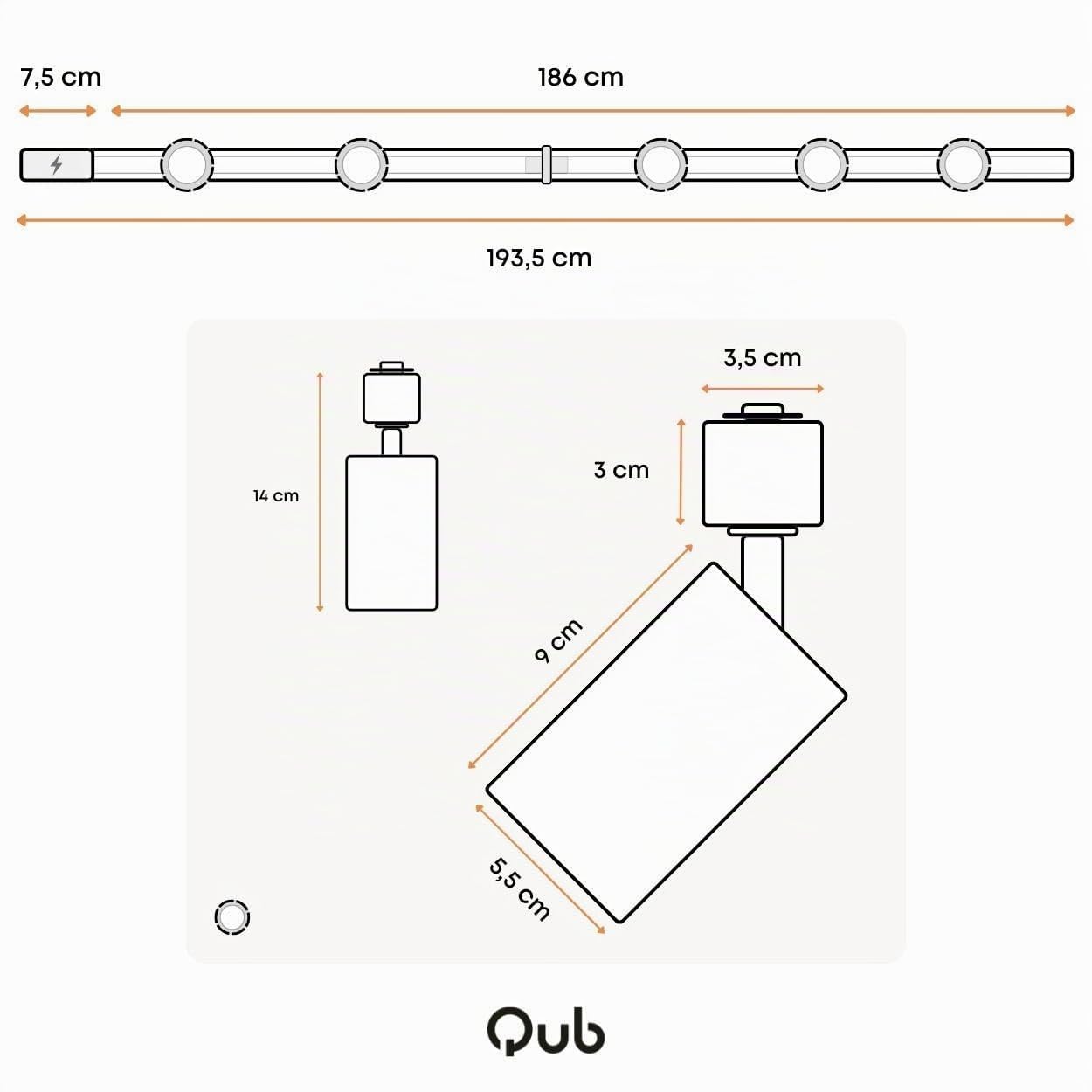 Qub Focus III - luminaire plafonnier - Blanc - GU10-200cm - 5 Spots et rails de spots - plafonnier led - Cuisine, Salon, Salle a manger - Spot de plafond - Spots sur rail