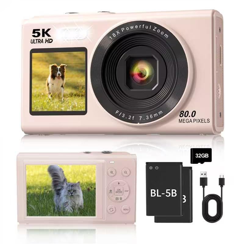 Image of 5K Digital Camera, Dual Screens Camera with 18X Digital Zoom, Compact Vlogging Camera for Teens, Beginner-Friendly Gift Pack, 32GB Card & 2 Batteries, Pink