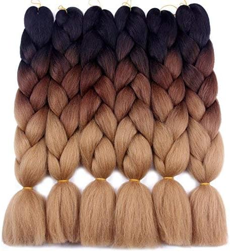 Ombre Kanekalon Braiding Hair Crochet Braids 24Inch 100g/Pcs 6Pcs/Lot Synthetic Jumbo Braid Hair Extensions (24 Inch, Black-Deep brown-Light brown)