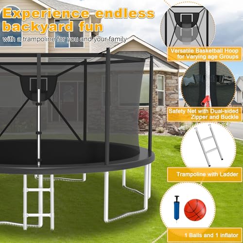 2025 Upgrade 1500LBS Outdoor Tranpoline for Kids and Adults 【Easy to Install & Built to Last】 10FT 12FT 14FT 16FT Recreational Tranpolines with Net, Basketball Hoop and Ladder, ASTM Approved