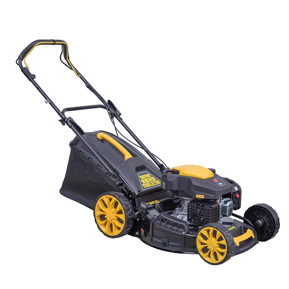 Cortacésped con motor de gasolina, autopropulsado, motor fuerte de 200 cc, ancho de corte de 51 cm, funciones 4 en 1, ajuste central de ancho de corte
