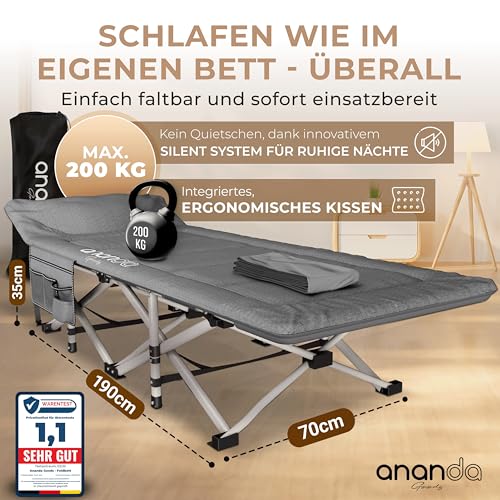 Ananda Goods® Feldbett klappbar mit Matratze – Campingbett & Gästebett faltbar, Reisebett Erwachsene, Klappbett/Campingliege 190x70cm – bis 200KG, mit gemütlicher Matratze & Bettlaken