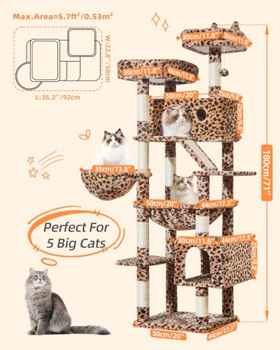 Image of Taoqimiao Cat Tree 71-Inch, Cat Tower for Indoor Cats Large Adult, Multi-Level Large Cat Condo, 8 Sisal Scratching Posts, Metal Frame Cozy Hammock, Scratch Board, 2 Top Perches, Leopard Print MS026LBW