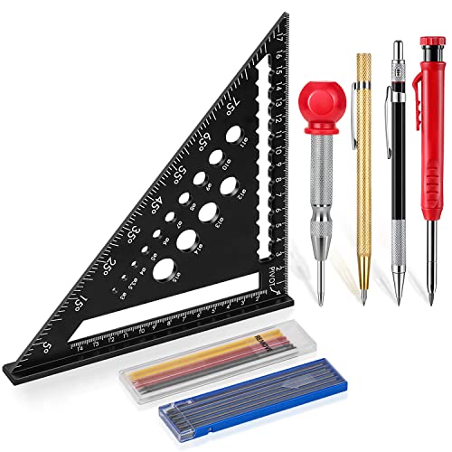 Equerre Menuisier Set, Équerre Charpentier Multifonction 180 mm + Crayon Chantier Metal, Règle de Menuisier Regle Trusquin Rapporteur de 45 à 90 Degrés...