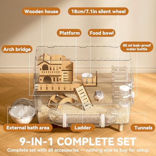 9 in 1 Acrylic Hamster Cage, Clear Dwarf Hamster Cage, with Tubes and All Accessories, 2-Tier Mouse Habitat, Easy to Clean, Suitable for Small Pets (Transparent) - Image 2