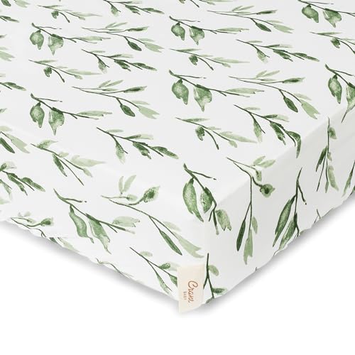 Image of Crane Baby 100% Cotton Sateen Crib Sheet, Fitted for Cribs and Toddler Beds, Baby Crib Sheets, Baby Bedding for Boys and Girls, Green Leaf