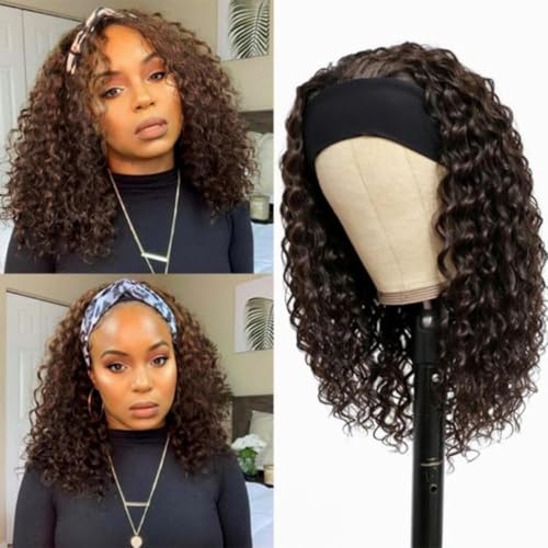 Image of Punmasa Headband Wig Human Hair Deep Wave Chocolate Brown Headband Wigs for black women Glueless Wigs Human Hair Machine Made 150% Density headband wig human hair with Headbands (18Inch)