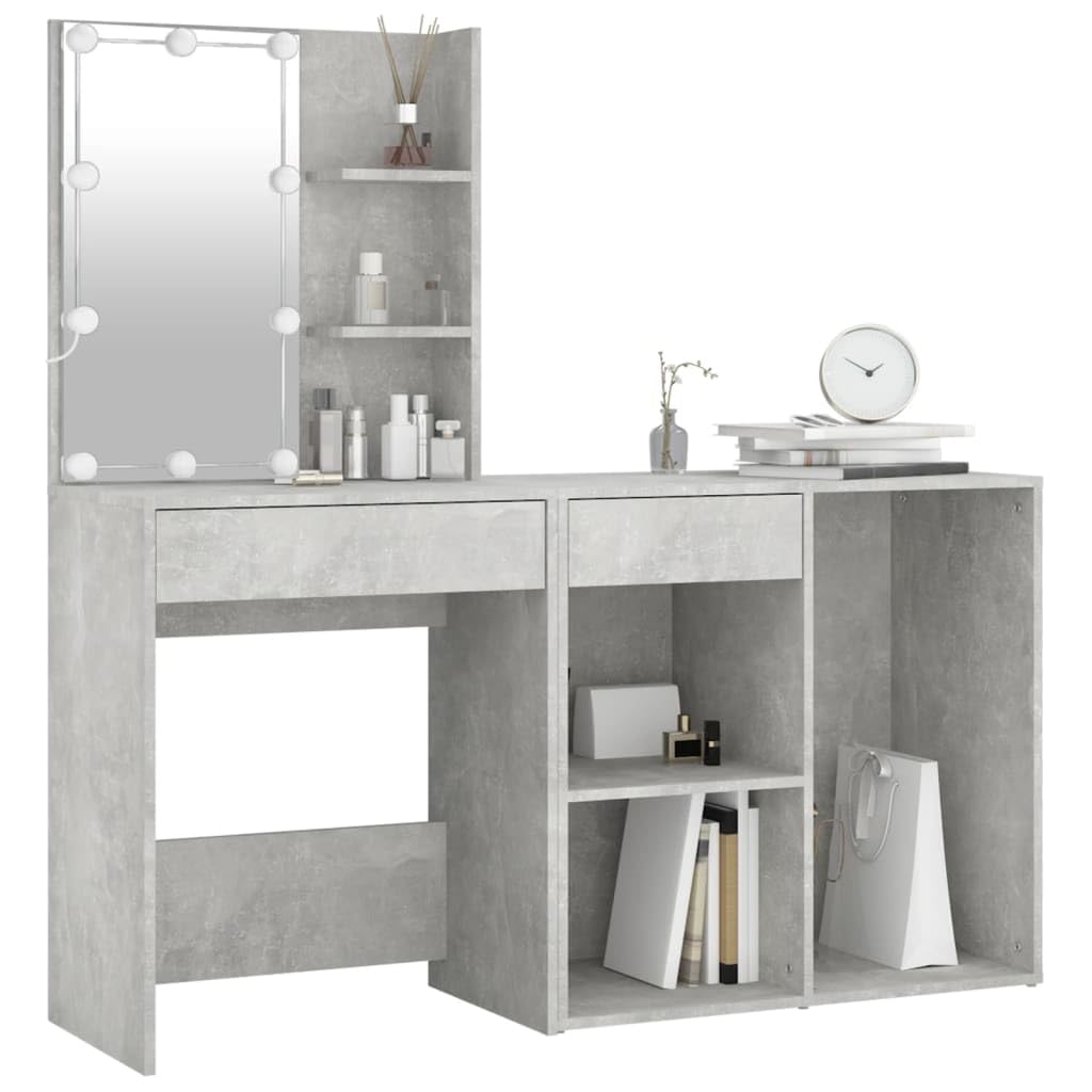 LED-Schminktisch mit Schrank Betongrau Holzwerkstoff 60x40x140 cm Frisiertisch Kosmetiktisch mit Spiegelkommode und Stauraum für Make-up und Kosmetik im Schlafzimmer oder Ankleidezimmer