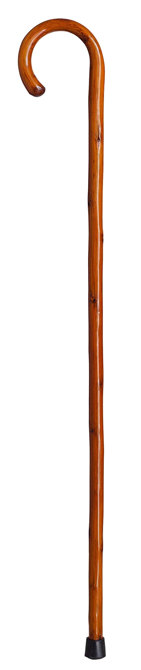 Bâton de soutien de marche en bois châtain 92 cm avec manche incurvé et embout en caoutchouc, Baton pour personnes âgées (560)