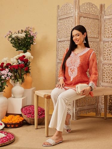 Image of Ada Women's Georgette Regular Fit Chikankari Hand Embroidered Lucknowi Short Top Kurti with Slip A211683