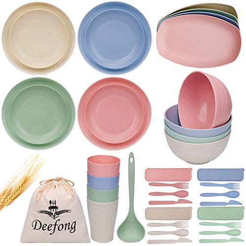 Deefong Wheat Straw Dinnerware set Plates,Lightweight Degradable Dinner Plates Set,Bowls, Cups Set,25 PACK Dishwasher & Microwave Safe Dinnerware Set, Unbreakable Salad Plates