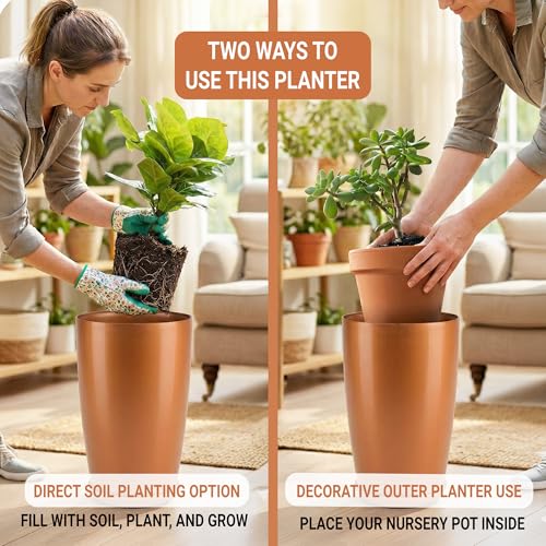 Image of Heart Home 2 Pcs Big Planters /Vase with Saucer for Home Decor | 18 Inch Large Outdoor & Indoor Flower Pot /Drainage Hole /Lightweight /Plant Container | Copper