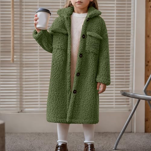 Girls Winter Long Coat Thick Warm Sherpa Teddy Jacket Casual Button Down Fleece Overcoat Faux Fur Outwear 3-12 Years4