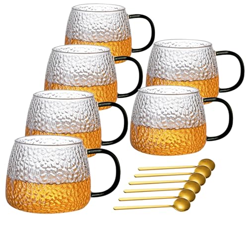 Viovian 15oz Glass Coffee Mugs Set of 6 Vintage Coffee Cups With Handles,Embossed Glass Mug for Hot Cold Beverage Clear Tea Cup for Women Birthday Gifts
