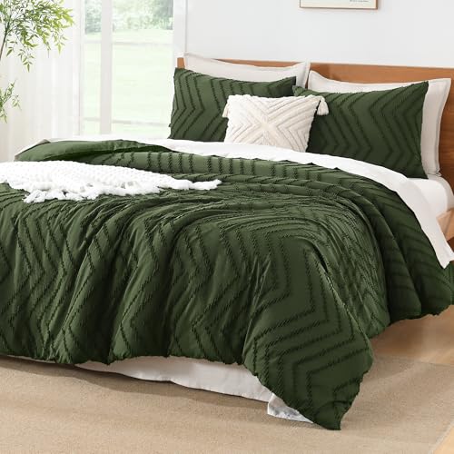 Image of Litanika Boho Queen Comforter Set, 3 Pcs Olive Green Lightweight Bedding