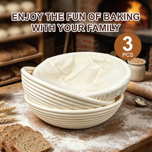 Image of 3 Pack Banneton Bread Proofing Basket, 9 Inch Round Sourdough Proofing Basket with Thick Liner, Splinter Free Food Grade Rattan Handwoven Bread Banneton for Home Baking