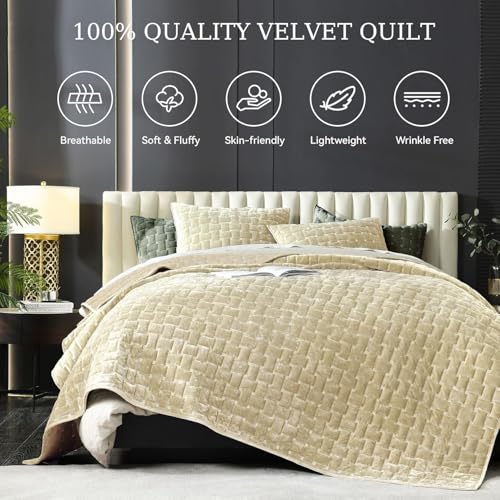 Image of Grassix Velvet Quilt Set Queen Size, Luxury Geometric Design, Beige | Lightweight Velvet Comforter with 2 Pillow Shams, Ultra Soft Bedspread Coverlet, Quilted Bedding Set for All Seasons, 90 inchx96 inch