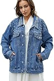 Muundim Oversize Denim Jacket with Pearls for Women, Bride Jean Jacket Long Sleeves Rhinestones Denim Trucker Coats