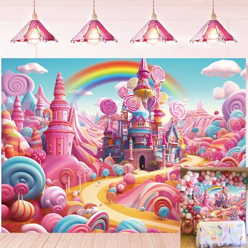 Candyland - Telón de fondo de dibujos animados de castillo de caramelos, piruleta, arco iris, fondo de fotografía para niñas, temática de Candyland, decoración de fiesta de cumpleaños, pancarta de
