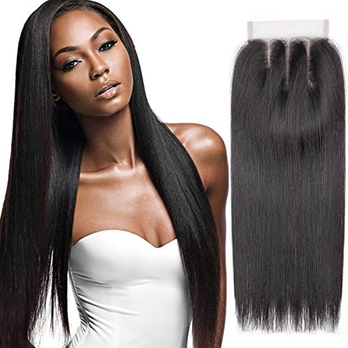 Forevery Hair Lace Closure 4x4 Straight Wave Brazilian Virgin Human Hair Extensions Three Part (14", straight three part)