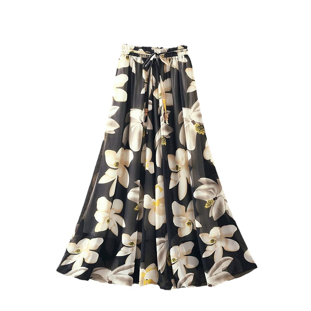 GTSFSJ Women Lace-Up A-Line Women's Thin Chiffon Bohemian Beach Pleated Long Skirt 8069 Length 70cm