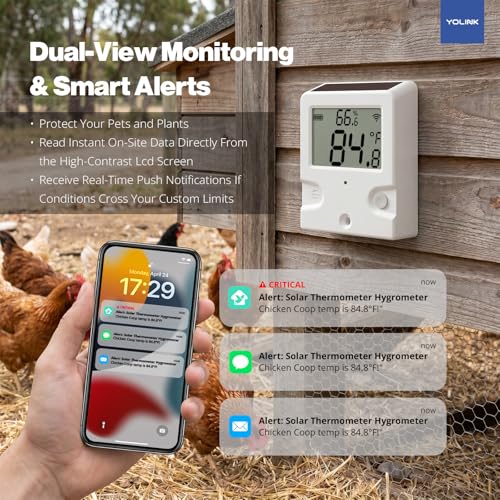Image of YoLink Outdoor Solar Thermometer Hygrometer, Long-Range with LCD Display, Solar-Powered, Weatherproof Monitoring for Greenhouse, Porch & Shed, Hub Required, YS8002
