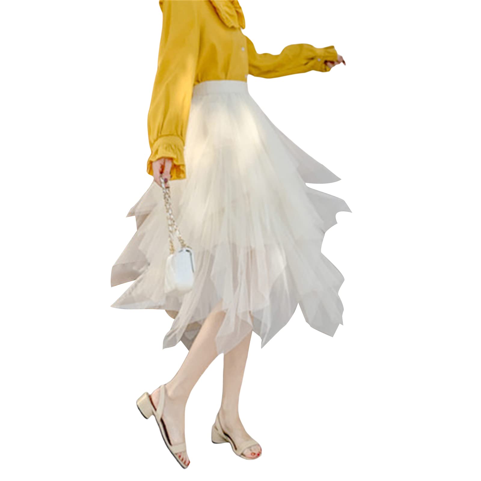 Jupes asymétriques en tulle pour femme - Taille haute élastique - Jupe tutu plissée - Jupe midi décontractée en maille, Abricot irrégulier, taille unique