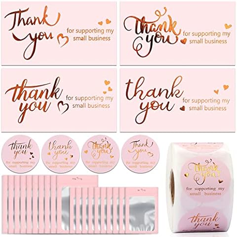620PCS Thank You Business Card, 100PCS Gold Foil Thank You for Supporting My Small Business Cards 500PCS 1.5” Thank You Stickers Resealable Smell Proof Bags for Business Owners Cover